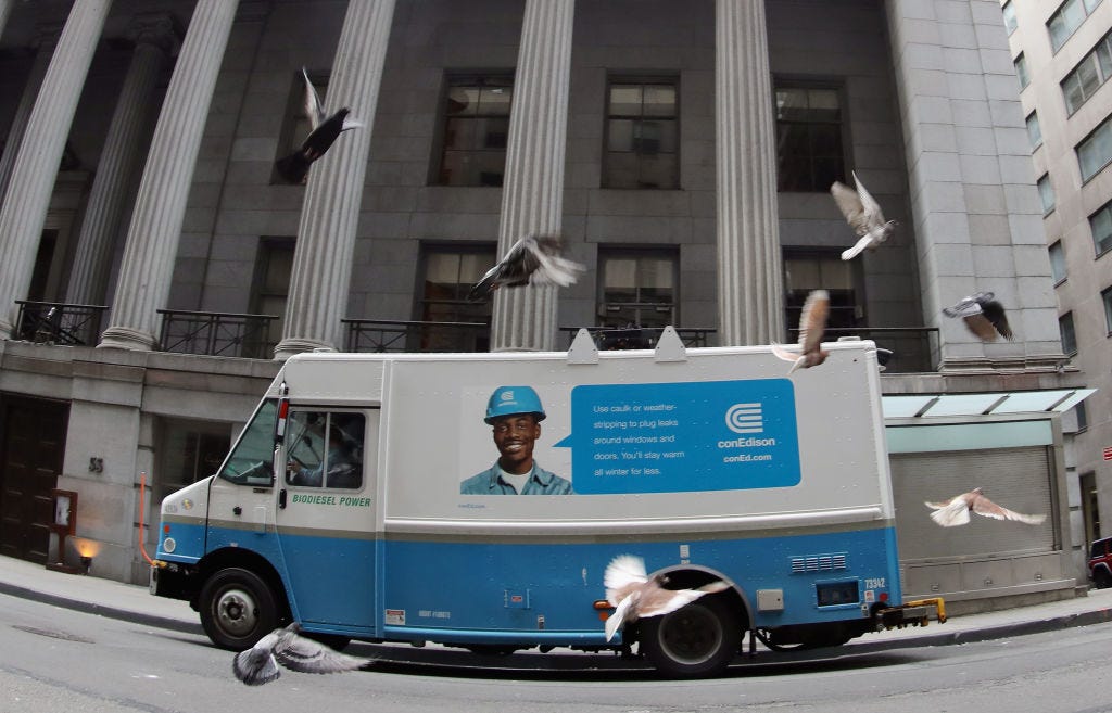 A Con Edison truck works on Wall Street on April 2, 2020 in New York City.