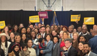 Gov. Kathy Hochul and other elected officials hold children who will benefit from New York’s new universal childcare expansions. Photo: Office of State Senator Kristen Gonzalez