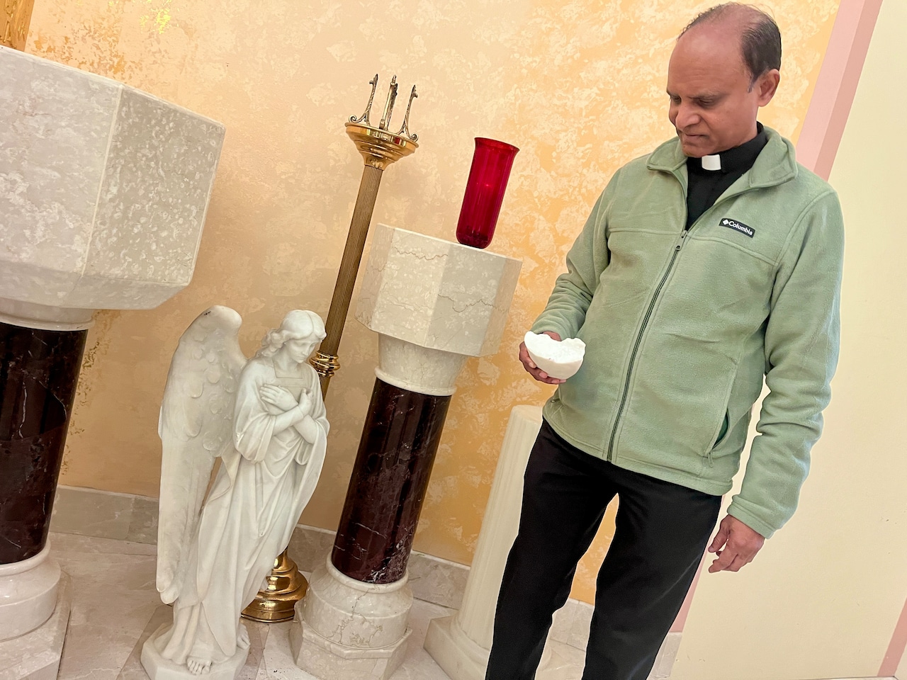 Father Jacob Thumma following vandalisation on Jan. 15, 2026