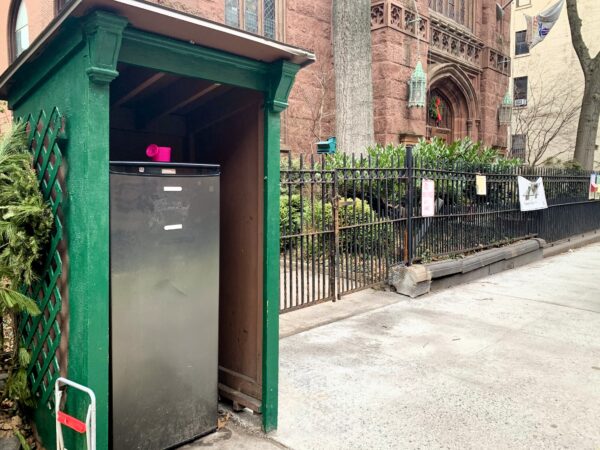 The Brooklyn Heights Community Fridge, currently in front of the First Presbyterian Church in Brooklyn Heights, needs a new home. Photo: Mary Frost, Brooklyn Eagle