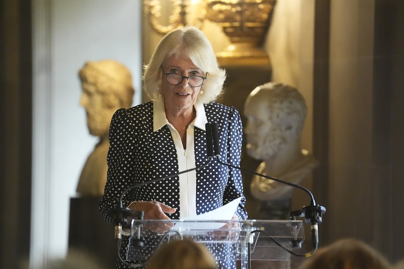 Camilla gives a speech during The Queen’s Reading Room Festival at Chatsworth House