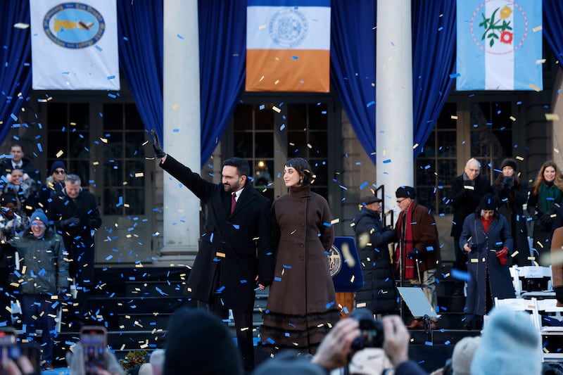 New York City Mayor Zoharn Mamdani and Rama Duwaji salute the public
