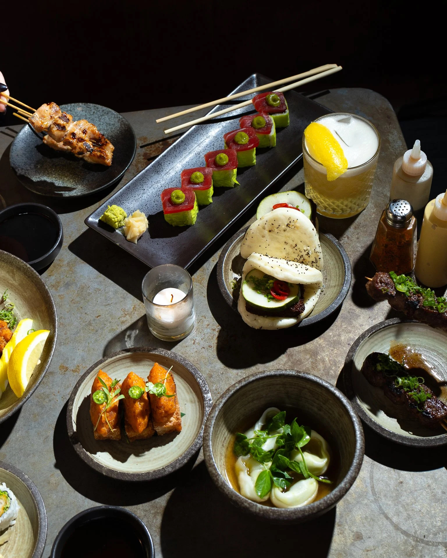 A table of food and drink.