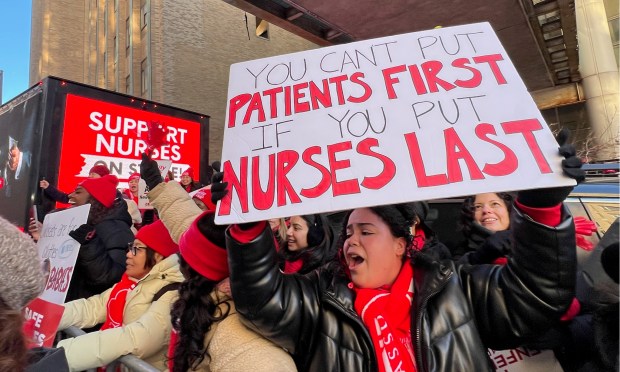 Nurses on strike picket outside New York-Presbyterian Columbia University Irving Medical Center in Washington Heights, Manhattan, on Monday, Jan. 12, 2026. (Barry William/New York Daily News)