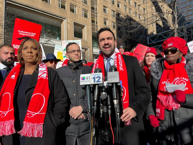 Mayor Zohran Mamdani, center, shows his support by speaking to nurses on strike as they picket outside New York-Presbyterian Columbia University Irving Medical Center in Washington Heights, Manhattan, on Monday, Jan. 12, 2026. New York Attorney General Letitia James is pictured at left. (Barry Williams / New York Daily News)