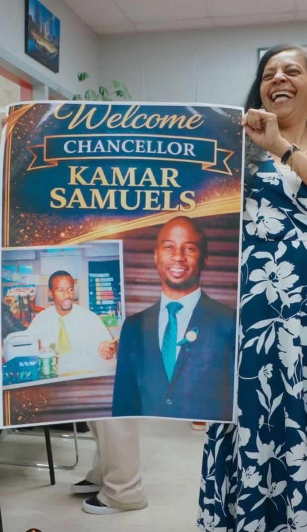 A welcome sign gifted to Kamar Samuels, Mayor Mamdani's new schools chancellor, during his first day on the job. (doechancellor/Instagram) 