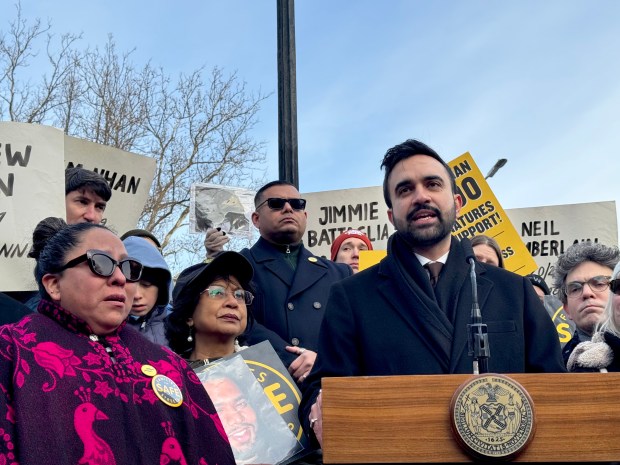 Mayor Zohran Mamdani speaks to press and community members at Father Studzinski Square in Greenpoint, Brooklyn, on Saturday, Jan. 3, 2026. (Rebecca White / New York Daily News)