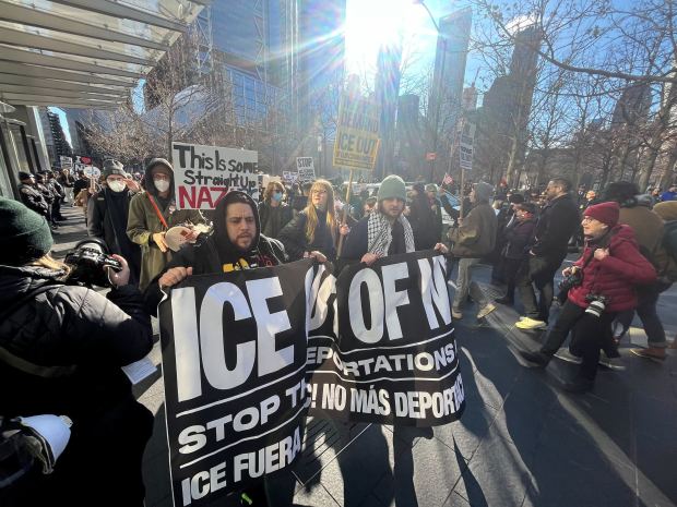 Protest outside of the World Trade Center as Secretary of Homeland Security Kristi Noem speaks inside promoting anti-immigration efforts in New York City on Thursday, Jan. 8, 2025. 