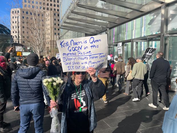 Protest outside of the World Trade Center as Secretary of Homeland Security Kristi Noem speaks inside promoting anti-immigration efforts in New York City on Thursday, Jan. 8, 2025. 