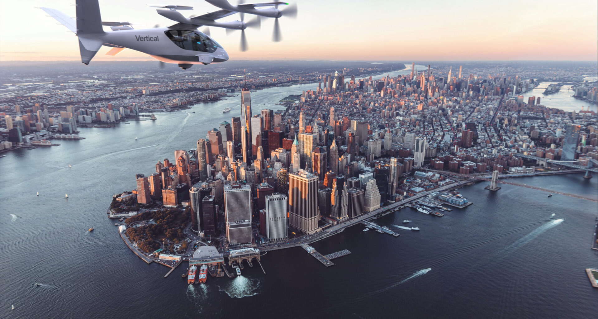 Vertical Aerospace Valo eVTOL electric air taxi rendering over Manhattan in New York City