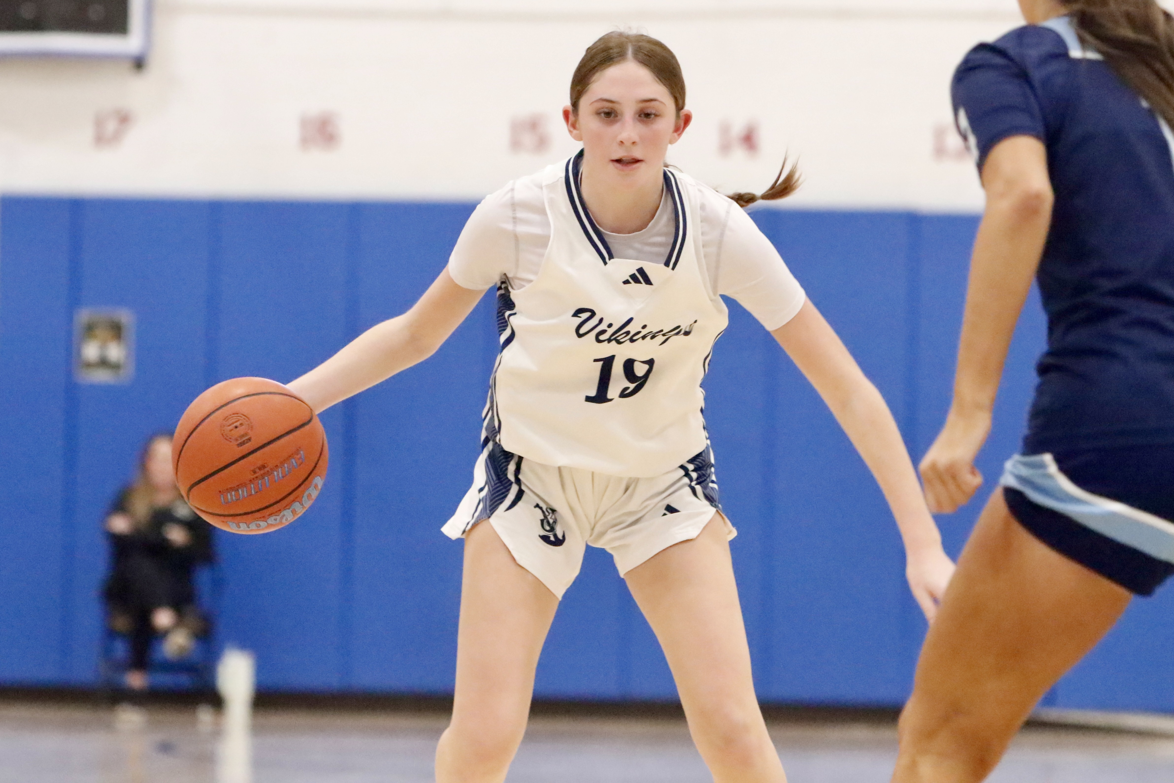 St. Joseph by the Sea's Isabella Castania handles the ball during a Borough President's Cup quarterfinal meeting vs. St. Joseph Hill on Jan. 27, 2025.