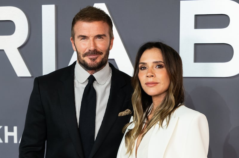 LONDON, ENGLAND - OCTOBER 08: Victoria Beckham and David Beckham attend the "Victoria Beckham" World Premiere at the Curzon Mayfair on October 08, 2025 in London, England. (Photo by Samir Hussein/WireImage)