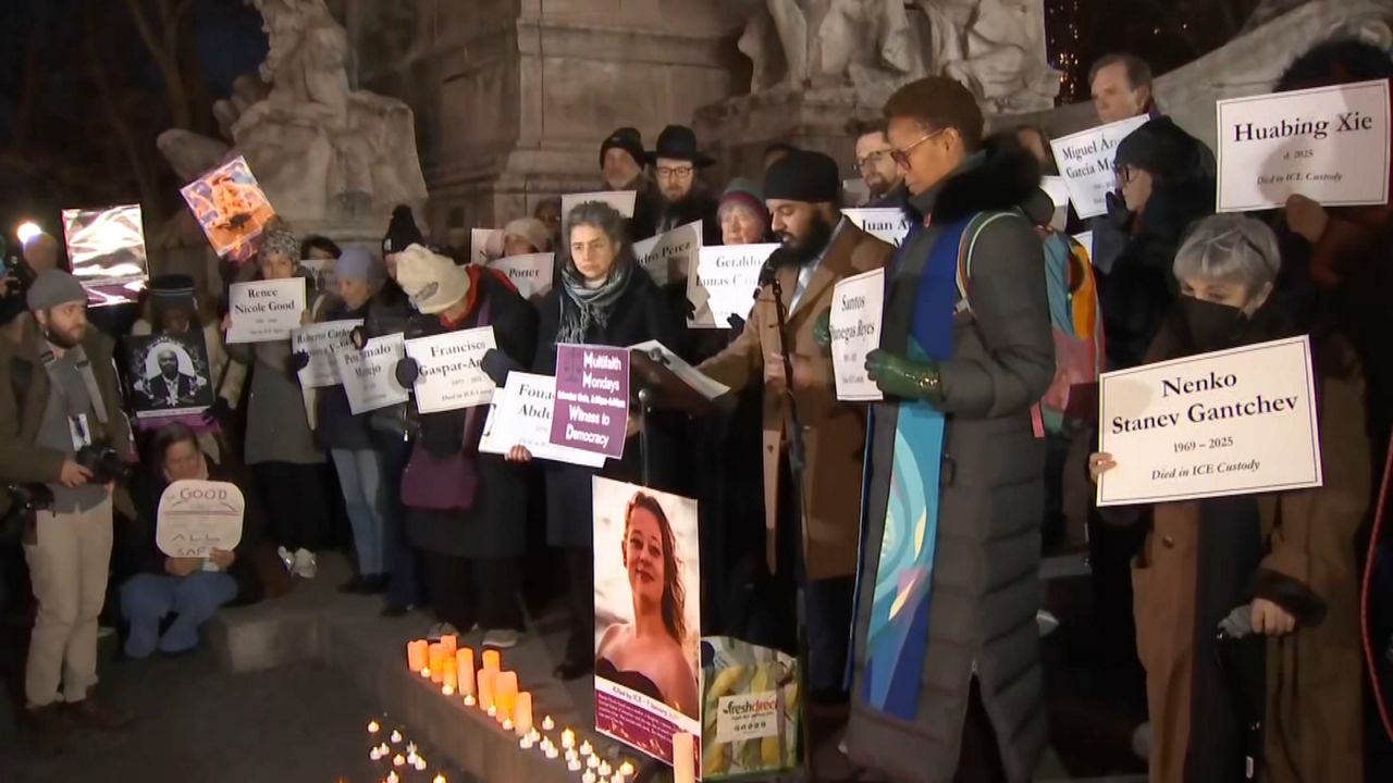 A vigil was held at Columbus Circle Monday night mourning people advocates say died in U.S. Immigration and Customs Enforcement custody or were killed by immigration agents as enforcement ramps up. (Spectrum News NY1)