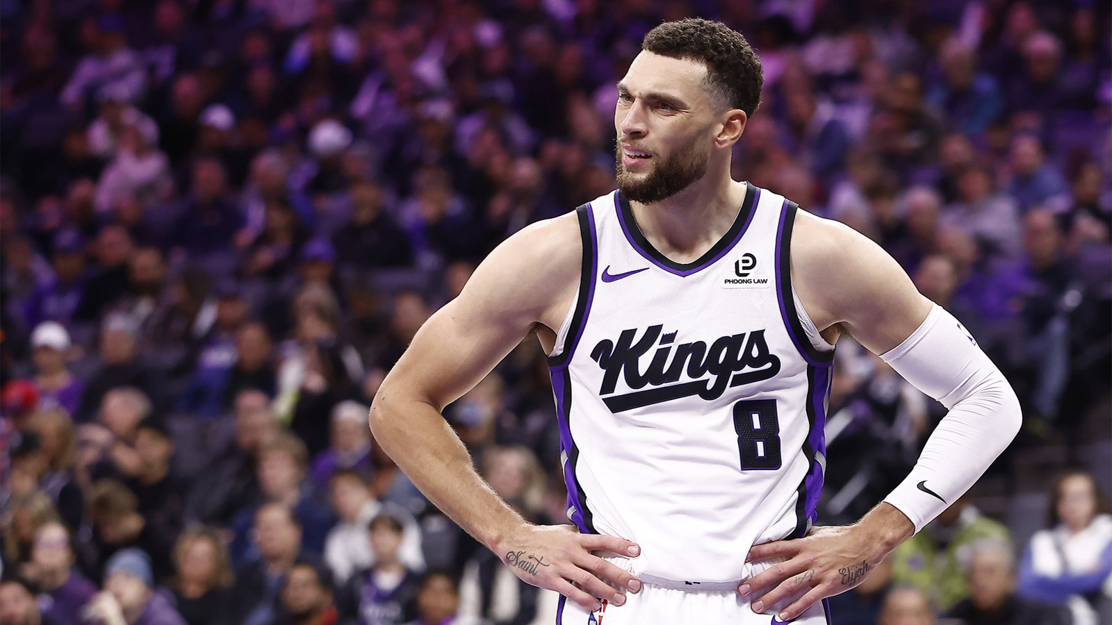 Sacramento Kings guard Zach LaVine (8) reacts after a play against the Memphis Grizzlies during the second quarter at Golden 1 Center.