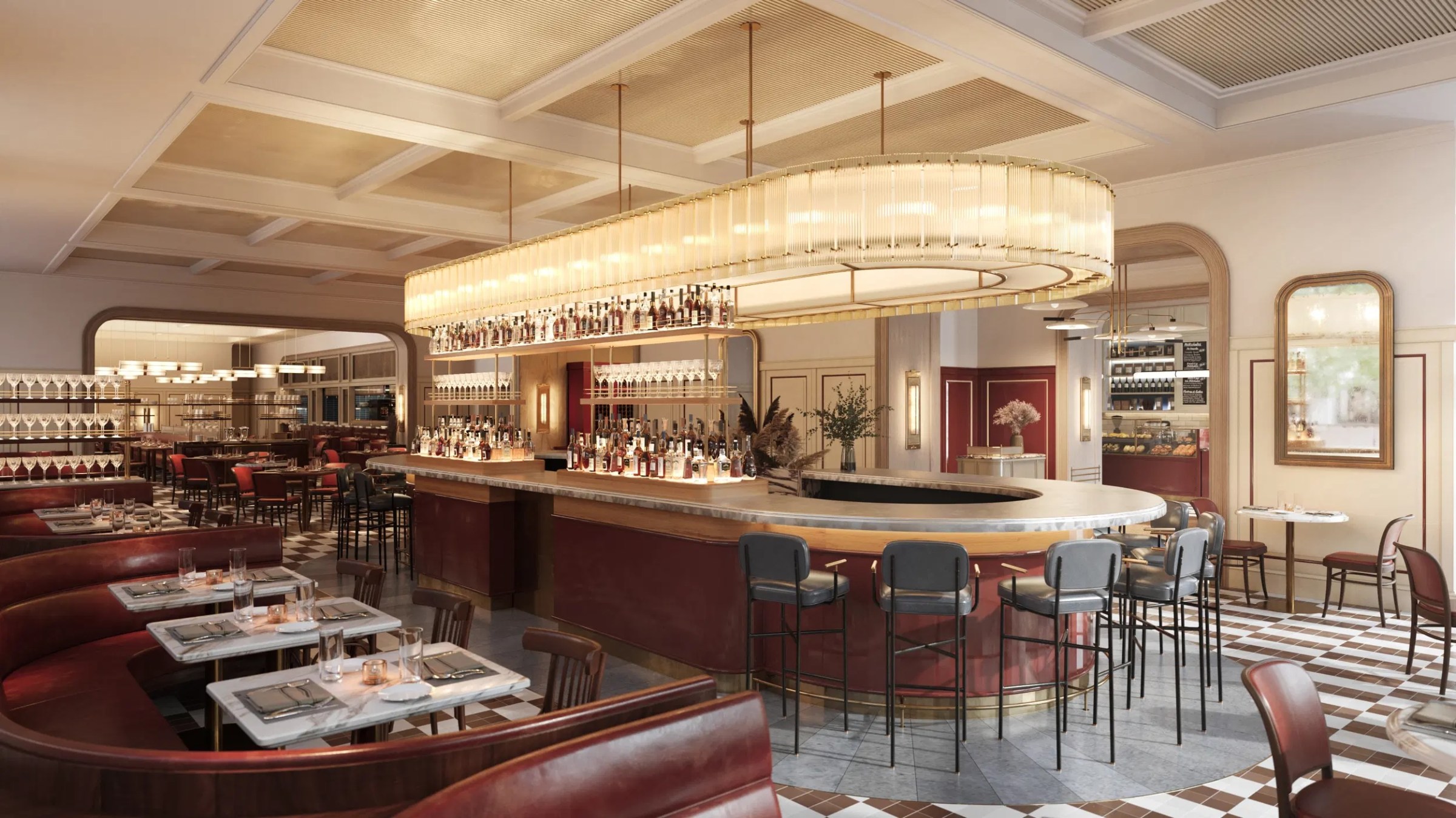 A rendering of a dining room.