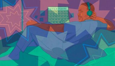 An illustration with blue, green, purple and pink tones shows pointed shapes and a Black man in a blue jumpsuit listening to music through headphones while lying on a bed. The calendar in front of him shows the month of December with the date of the 31st circled.