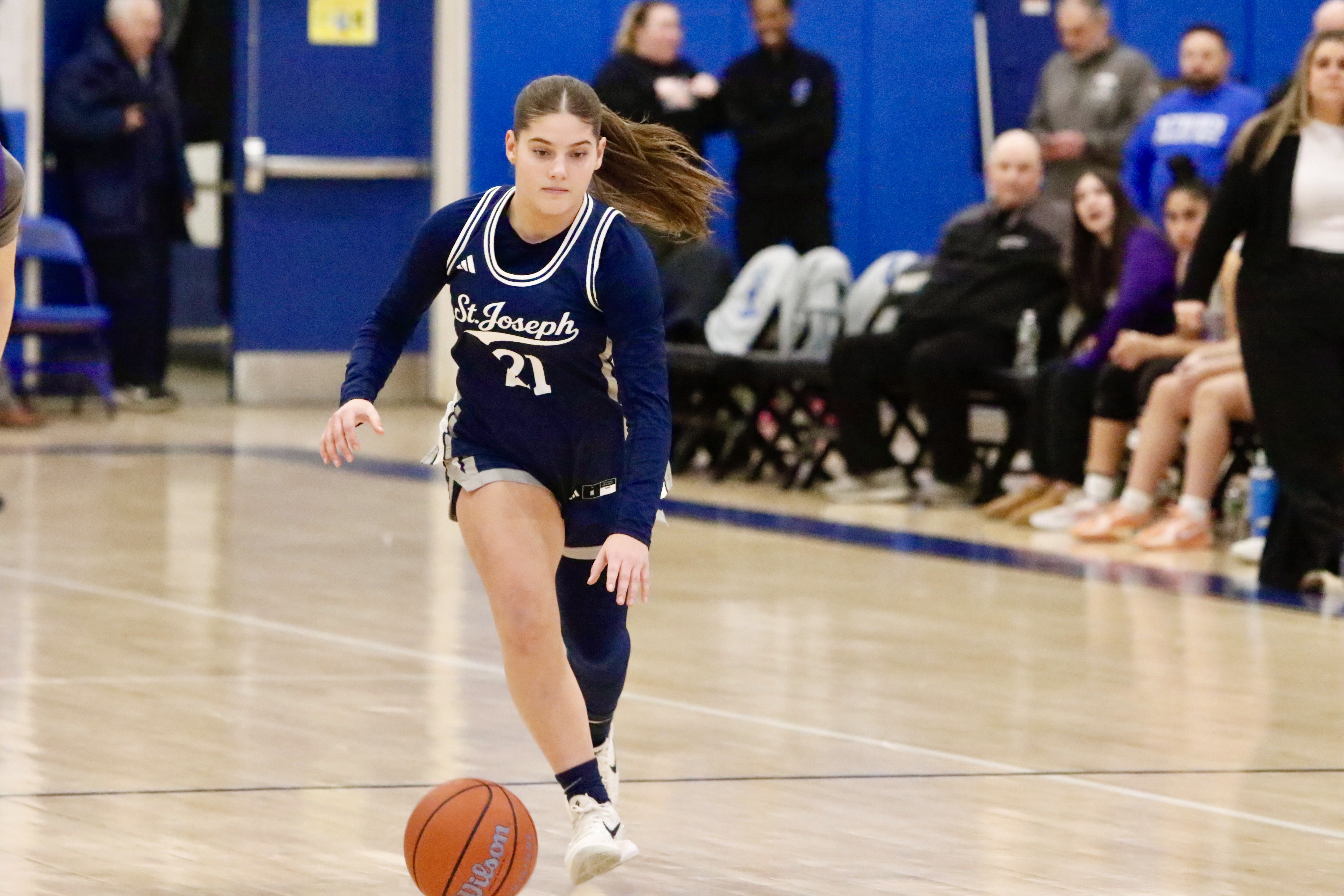 Sea's Lila Goldstein pushes the ball up the floor during a Borough President's Cup matchup against Tottenville on Jan. 29, 2026.