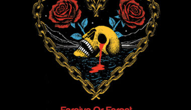 A bleeding yellow skull rests in dark water inside a heart made of chains, flanked by two red roses on a black background. The title “Forgive Or Forget” appears in red, with the band name “Mariachi El Bronx” in yellow below.