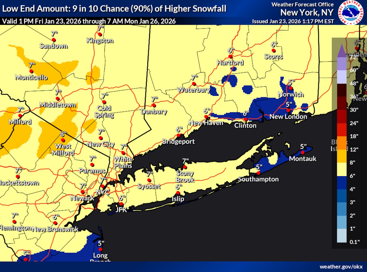 NWS odds of snowfall amounts in NYC for Sunday, jan. 25, 2026
