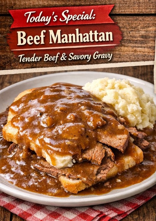 A menu printed in 2025 for Liberty Bell Café in Liberty, Kentucky, prominently features Beef Manhattan as one of the restaurant's signature favorites for hungry patrons. (Image courtesy of Liberty Bell Café)