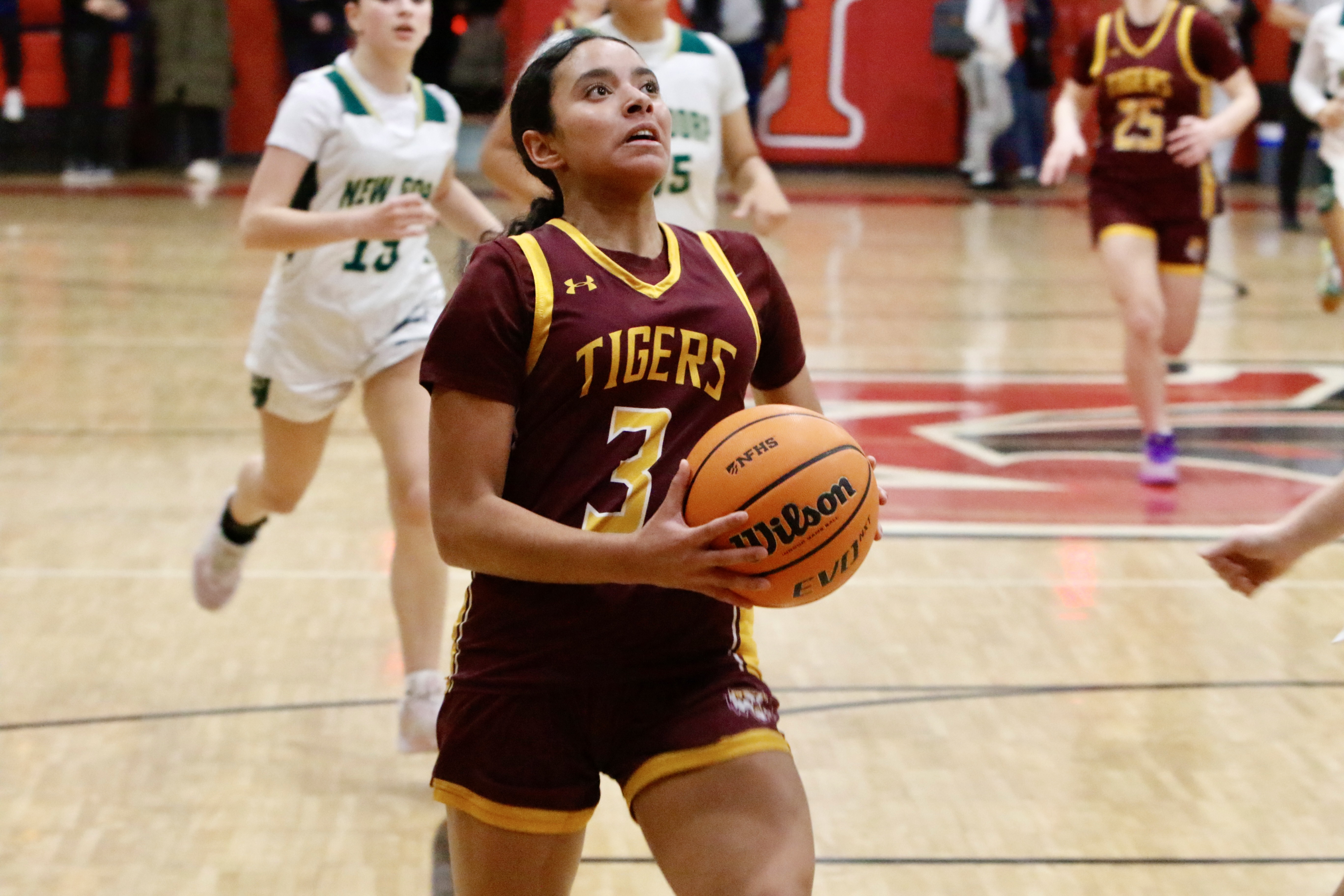 Staten Island Academy's Alyssa Lopez prepares to rise to the cup during a Borough President's Cup game against New Dorp on Jan. 23, 2025.