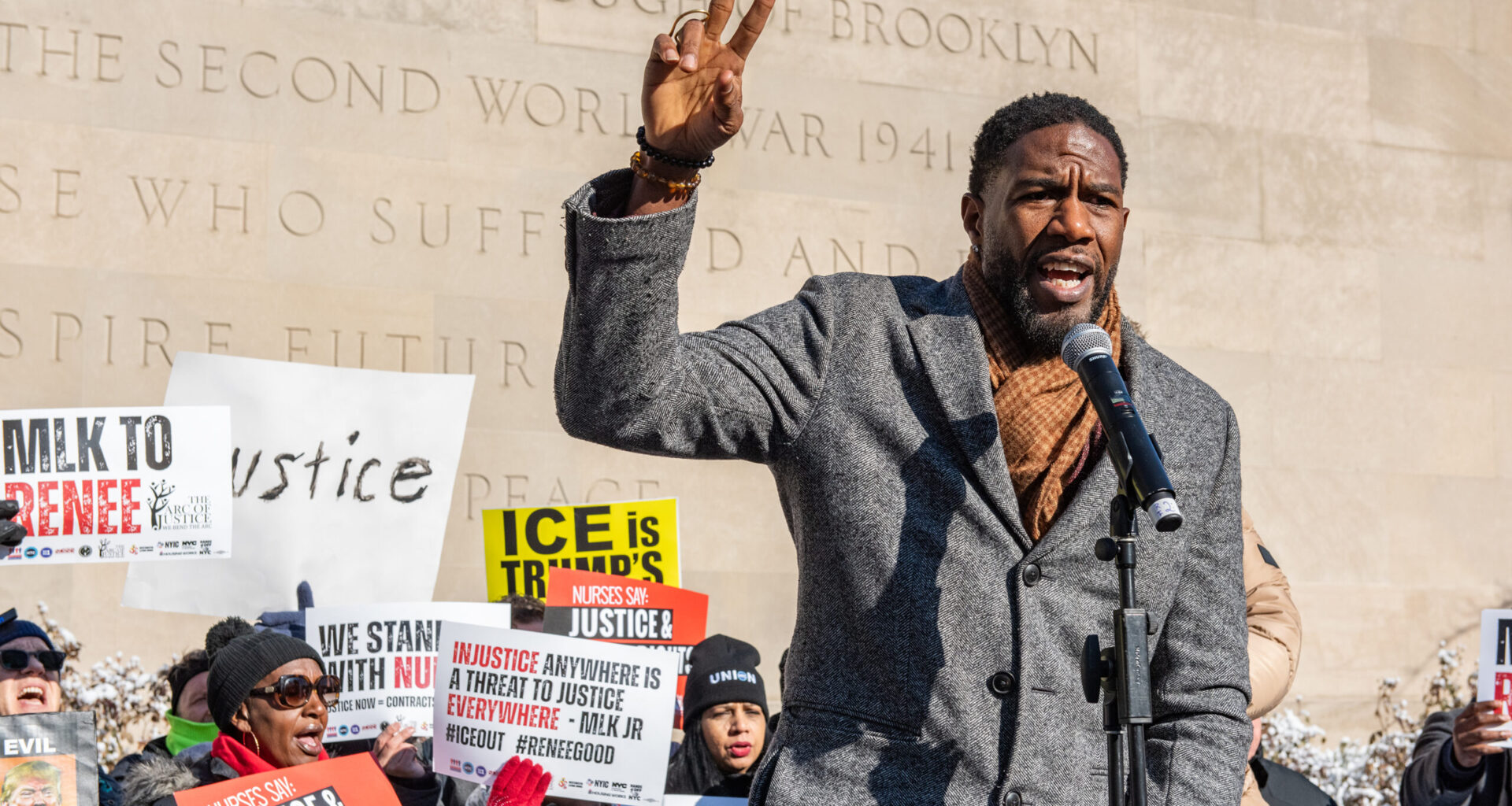 Public Advocate Jumaane Williams speaks in front of the Brooklyn War Memorial at Cadman Plaza Park. Photo: Gregory D'Agostino, Brooklyn Eagle