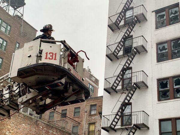 Deliberately-smashed windows can be seen from the Love Lane side of the 75 Pierrepont St. building. Photo: Mary Frost, Brooklyn Eagle