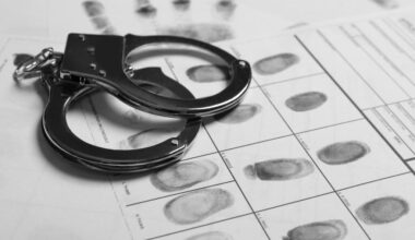 Police handcuffs and criminal fingerprints card