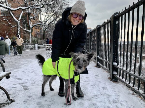 Brooklyn Heights resident Jessica Hoffman with Harriet, out for a stroll on an icy Promenade, on Martin Luther King Day. Photo: Mary Frost, Brooklyn Eagle
