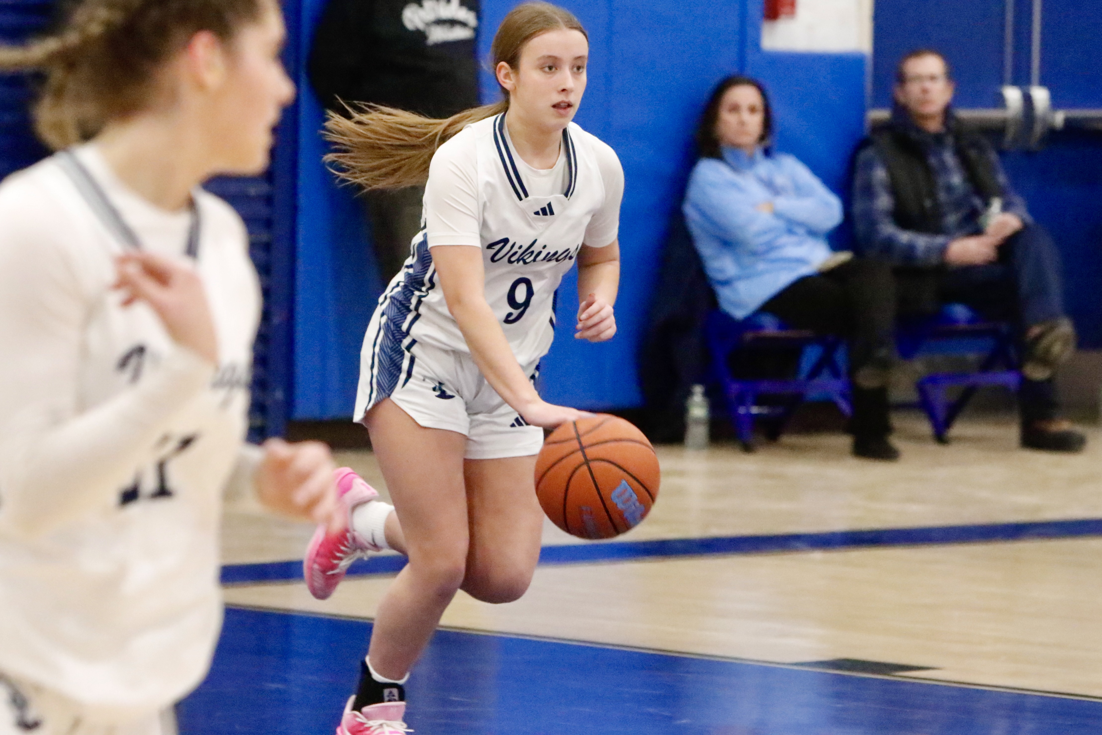 St. Joseph by the Sea's Addison Cunningham takes the ball up the floor during a Borough President's Cup quarterfinal meeting vs. St. Joseph Hill on Jan. 27, 2025.