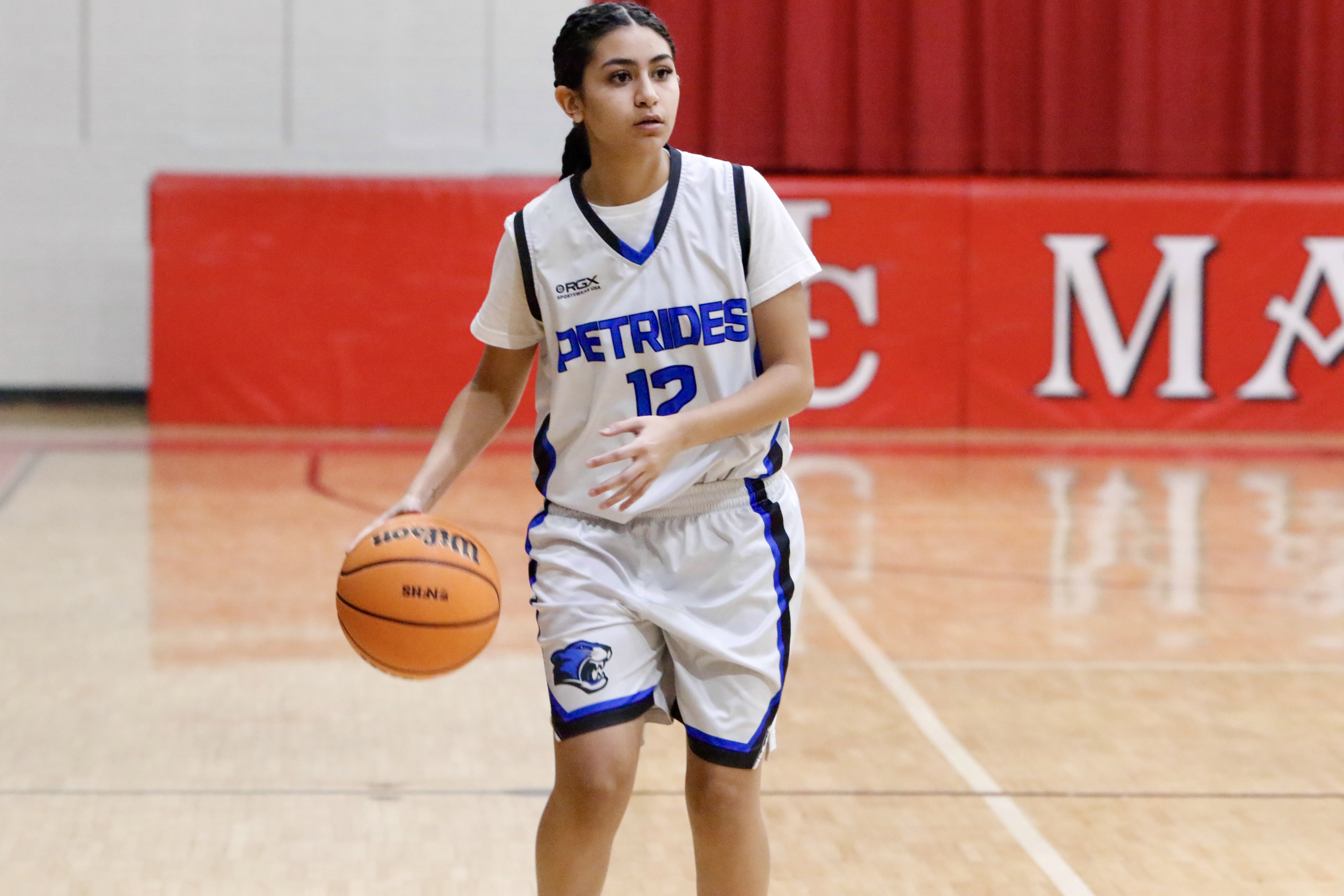 Petrides' Serafina Rashed handles the ball during a Borough President's Cup game against CSI/McCown on Jan. 23, 2025.