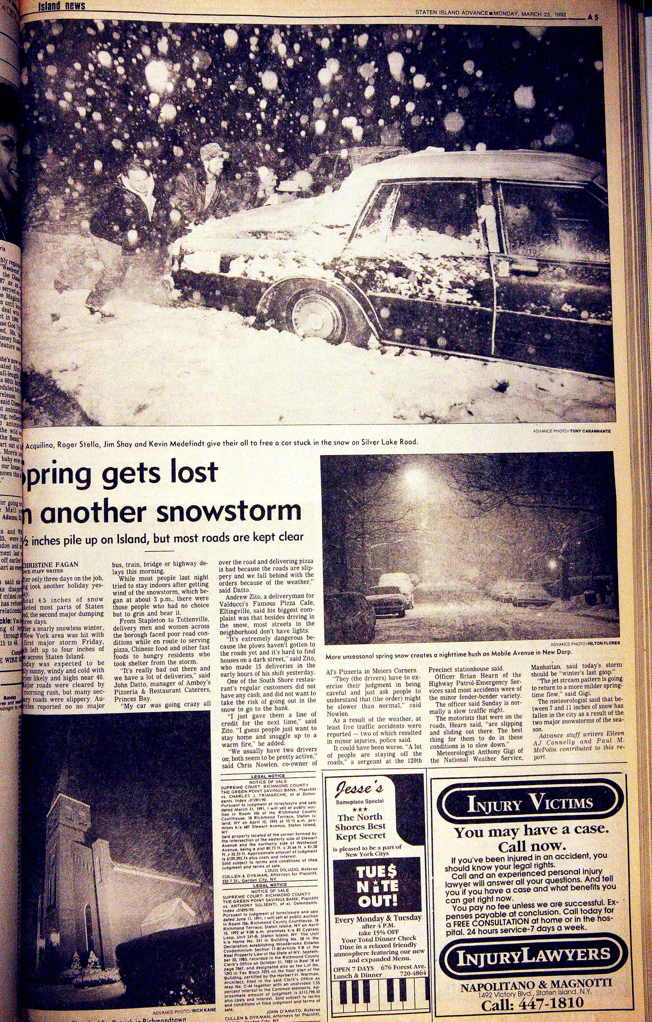 This archive page is from March 23, 1992 when a springtime snowstorm left over four inches of snow on Staten Island, the second major phenomenon in three days.
