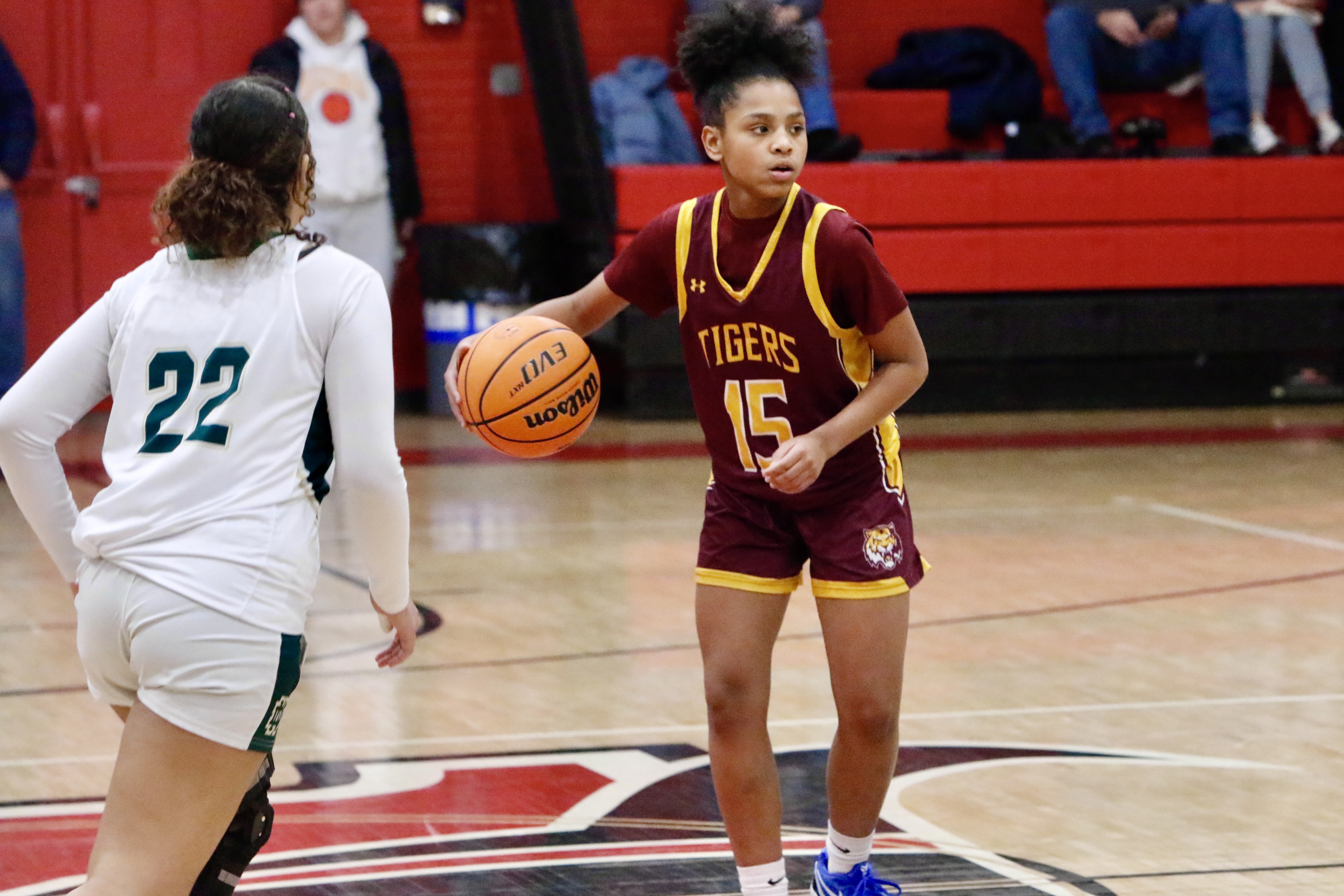 Staten Island Academy's Adrianna Savary handles the ball during a Borough President's Cup game against New Dorp on Jan. 23, 2025.