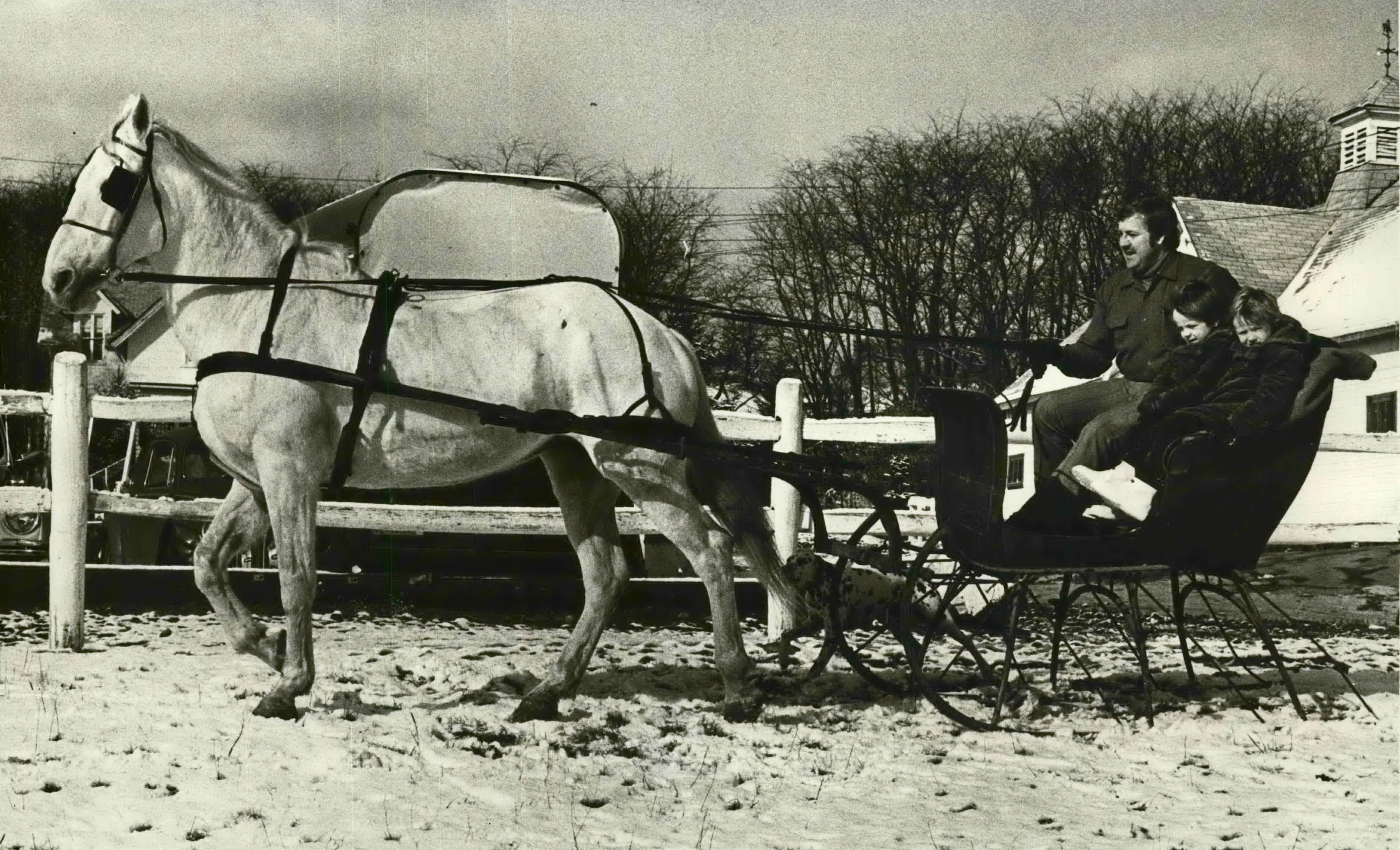 Taking advantage of 1975's first snowstorm, John Franzreb III treats his sons Jarad, right, and Jeffrey to a sleigh ride behind their horse, Cotton. The scene was near Clove Lake Stables, now houses, across from The Fountains apartment buildings.