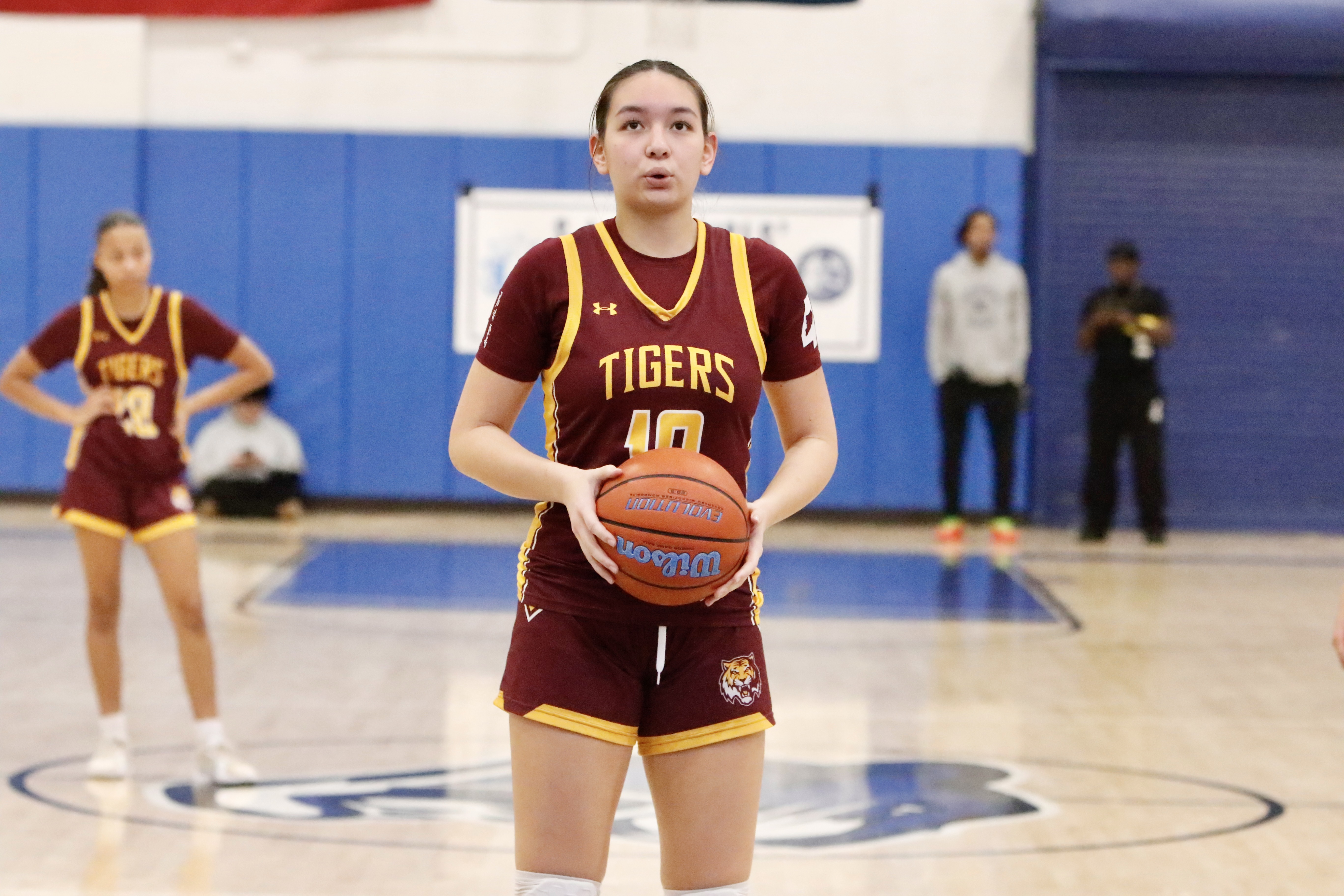 Staten Island Academy's Valentina Li prepares to line up a free throw during a Borough President's Cup quarterfinal meeting vs. Curtis on Jan. 27, 2025.