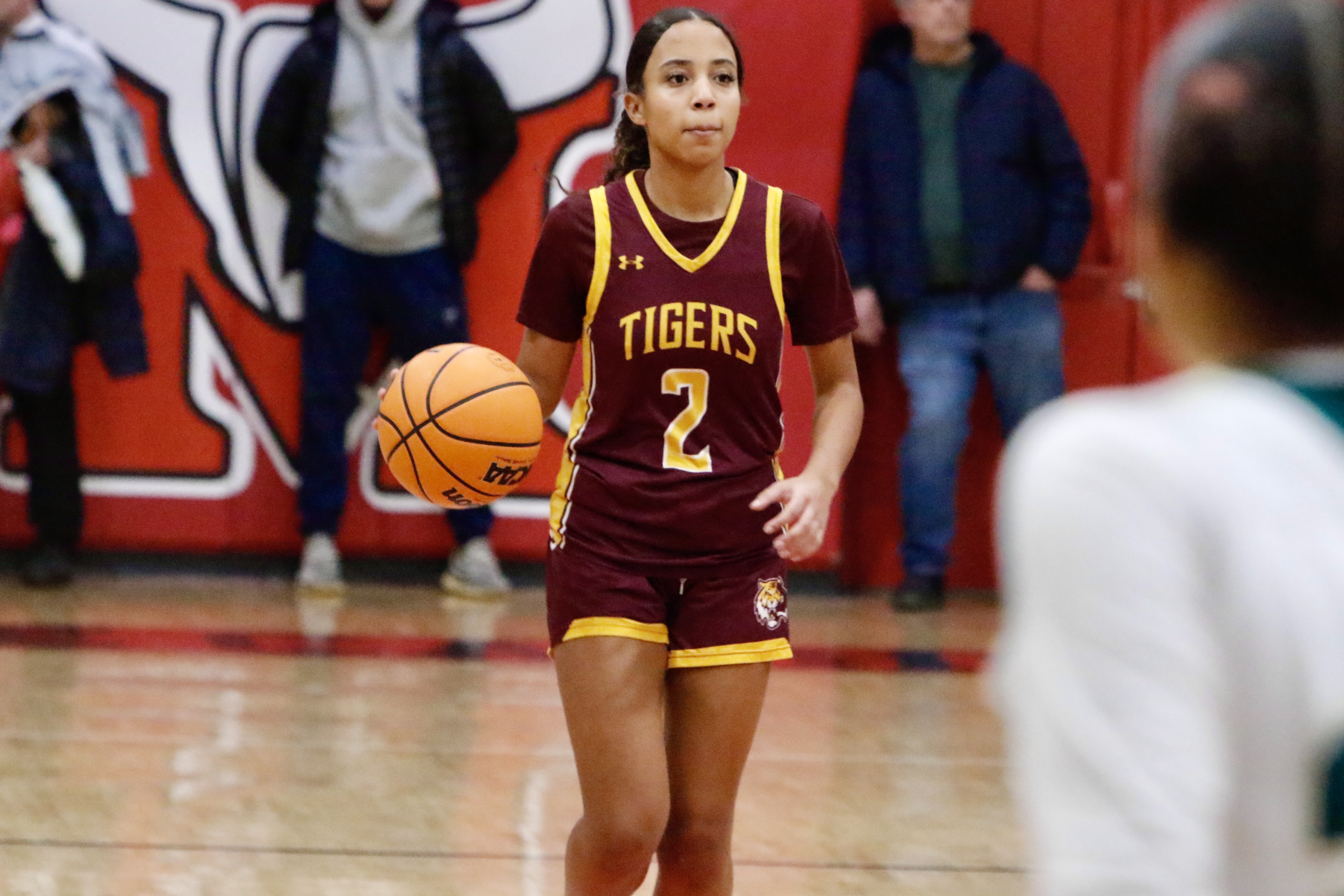 Staten Island Academy's Rita Moschella takes the ball up the floor during a Borough President's Cup game against New Dorp on Jan. 23, 2025.