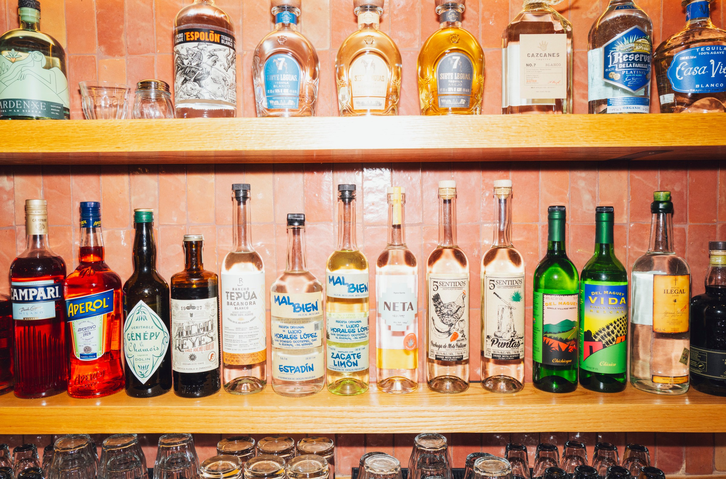 Shelves of liquor bottles.