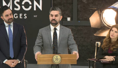 New York mayor Zohran Mamdani, Rafael Espinal and Julie Menin at Samson Stages in Brooklyn on Jan. 12.