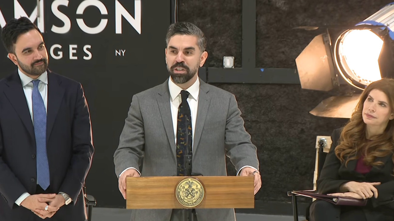 New York mayor Zohran Mamdani, Rafael Espinal and Julie Menin at Samson Stages in Brooklyn on Jan. 12.