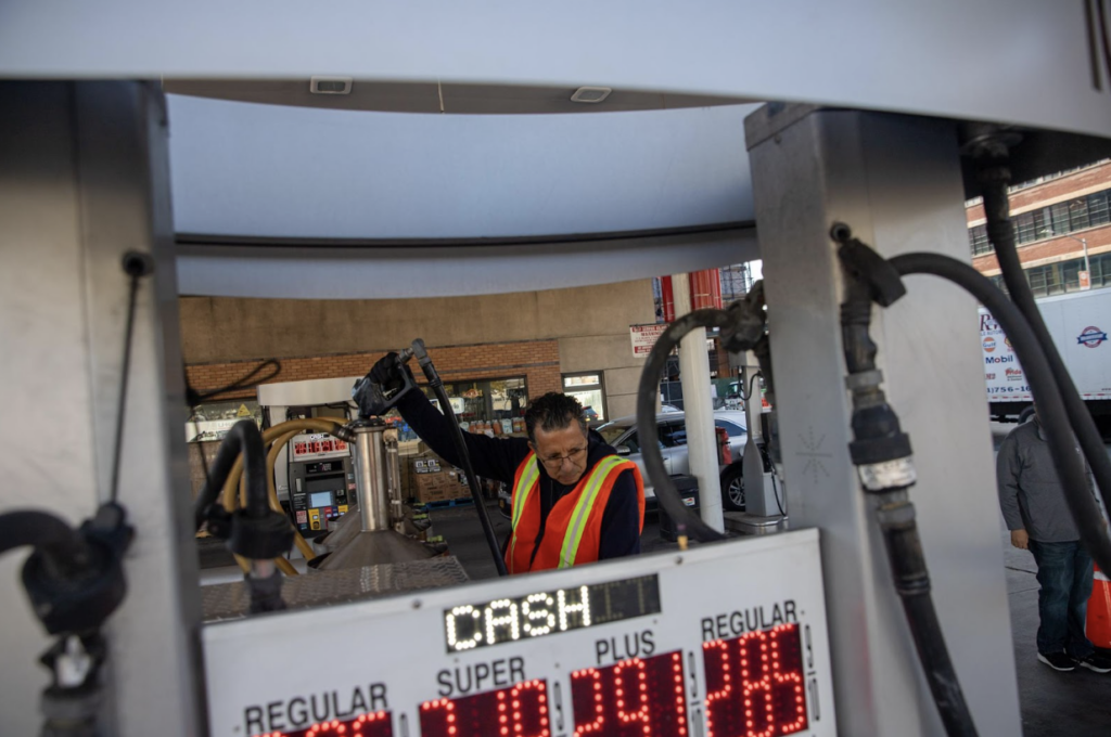 A Department of Consumer and Worker Protection worker inspects octane levels at a Sonomax gas station in Greenpoint, Brooklyn, Oct. 22, 2025. Credit: Rosie Thomas