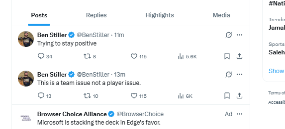 Ben Stiller's thread of tweets on X during the Knicks-Mavericks game on Monday night.