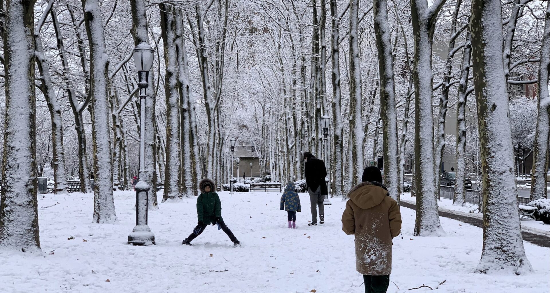 Families stroll through the transformed landscape in Cadman Plaza Park. Photo: Mary Frost, Brooklyn Eagle