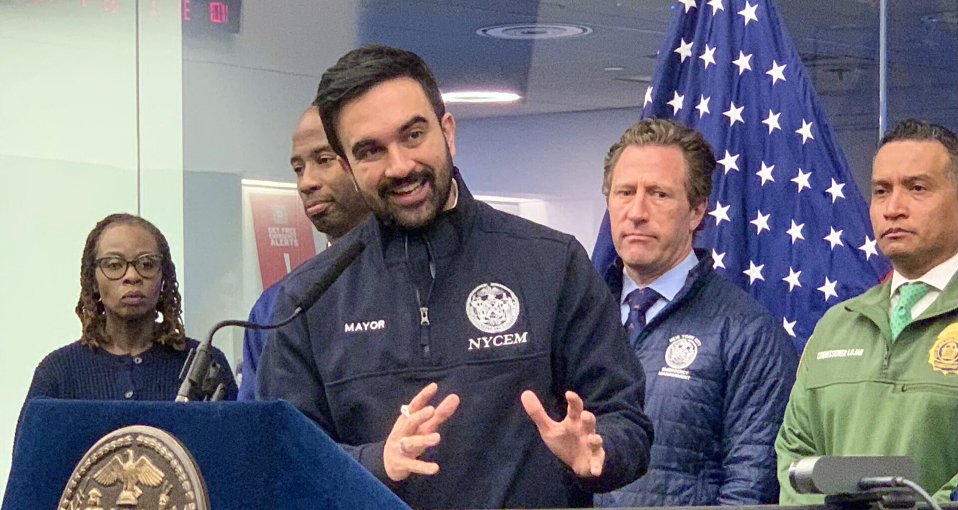 Mayor Zohran Mamdani on Friday at a press conference on this weekend’s winter storm, at Emergency Management headquarters in Downtown Brooklyn. Photo: Mary Frost, Brooklyn Eagle
