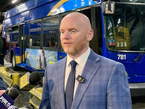 Executive VP of Buses Frank Farrell at the Jackie Gleason Bus Depot in Sunset Park. Photo: Mary Frost, Brooklyn Eagle