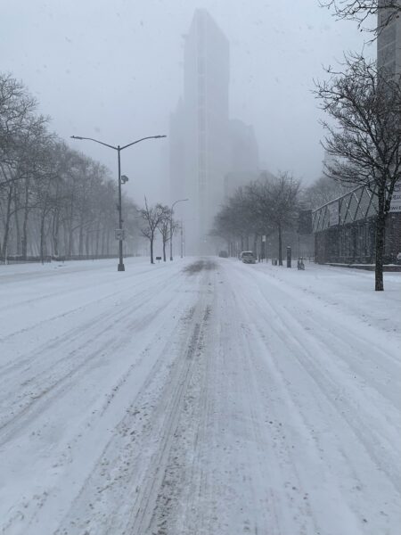 A desolate Cadman Plaza West during Sunday’s snowstorm. Photo: Mary Frost, Brooklyn Eagle