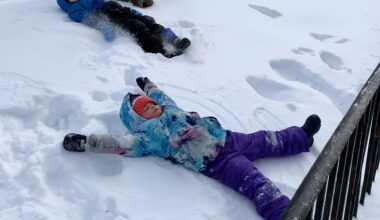 Ruby(front) and her brother Julian made snow angels in Cadman Plaza Park on Monday after the big storm. Photo: Mary Frost, Brooklyn Eagle