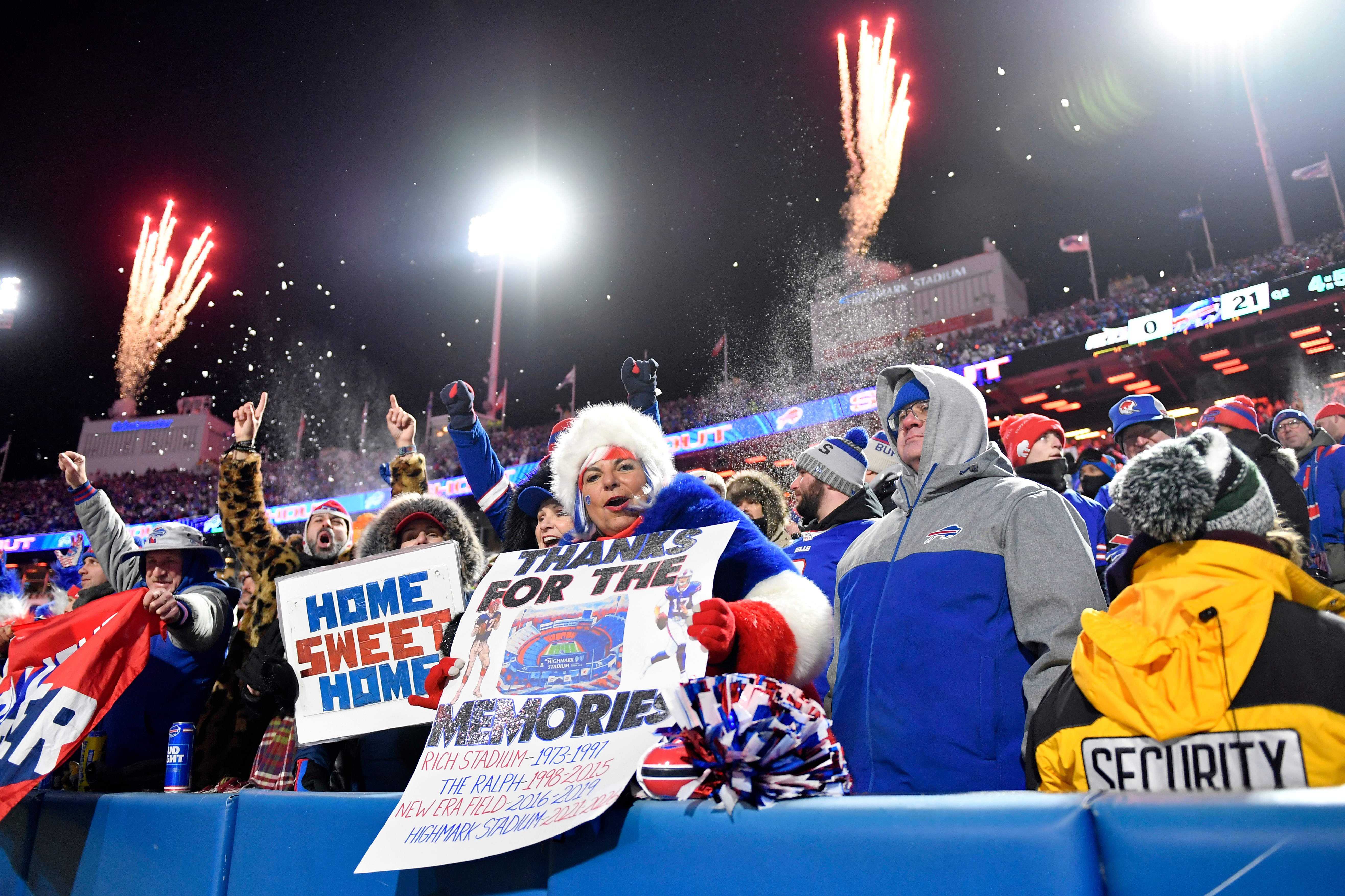 Buffalo Bills fans cheer in the first half of an NFL football game between the Bills and the New York Jets Sunday, Jan. 4, 2026, in Orchard Park, N.Y. (AP Photo/Adrian Kraus)