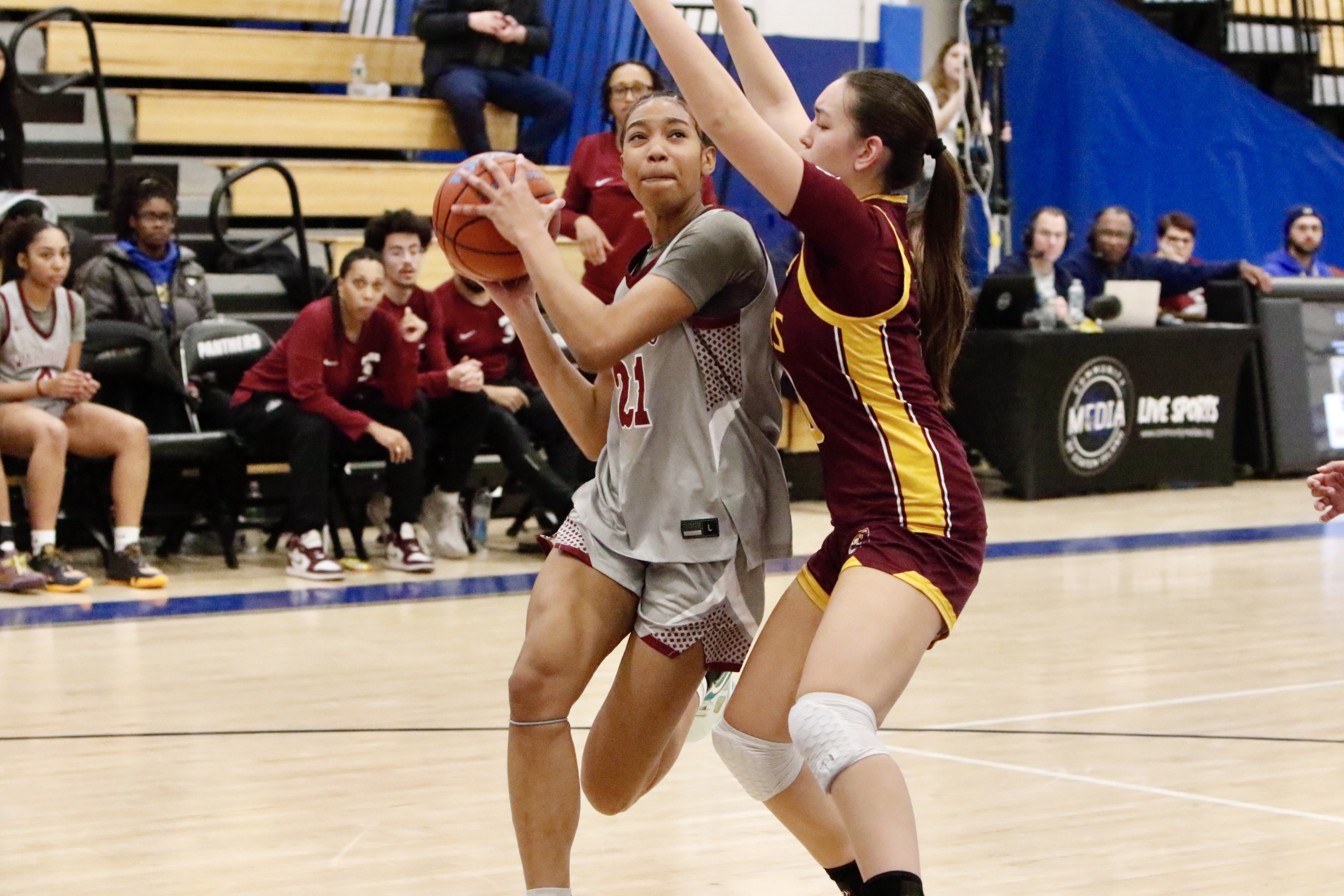 Staten Island Academy's Valentina Li looks to get a stop on defense during a Borough President's Cup quarterfinal meeting vs. Curtis on Jan. 27, 2025.