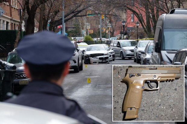 Police investigate an officer-involved shooting on Bedford St. in Greenwich Village on Friday. Police released an image (inset) of what they described as an imitation gun they said a man used in the confrontation. (Gardiner Anderson / New York Daily News; NYPD)