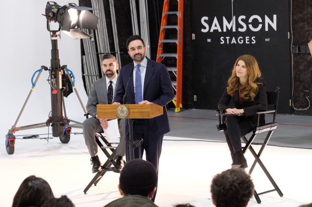 Mayor Zohran Mamdani, center, and City Council Speaker Julie Menin, right, announce the appointment of Rafael Espinal, left, as commissioner of the Mayor's Office Of Media and Entertainment on Monday. 